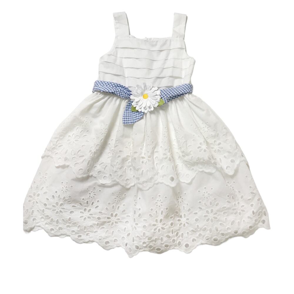 Bloome De Jeune Fille Sundress Tiered White Eyelet Lace Flower Tie Girls Size 7